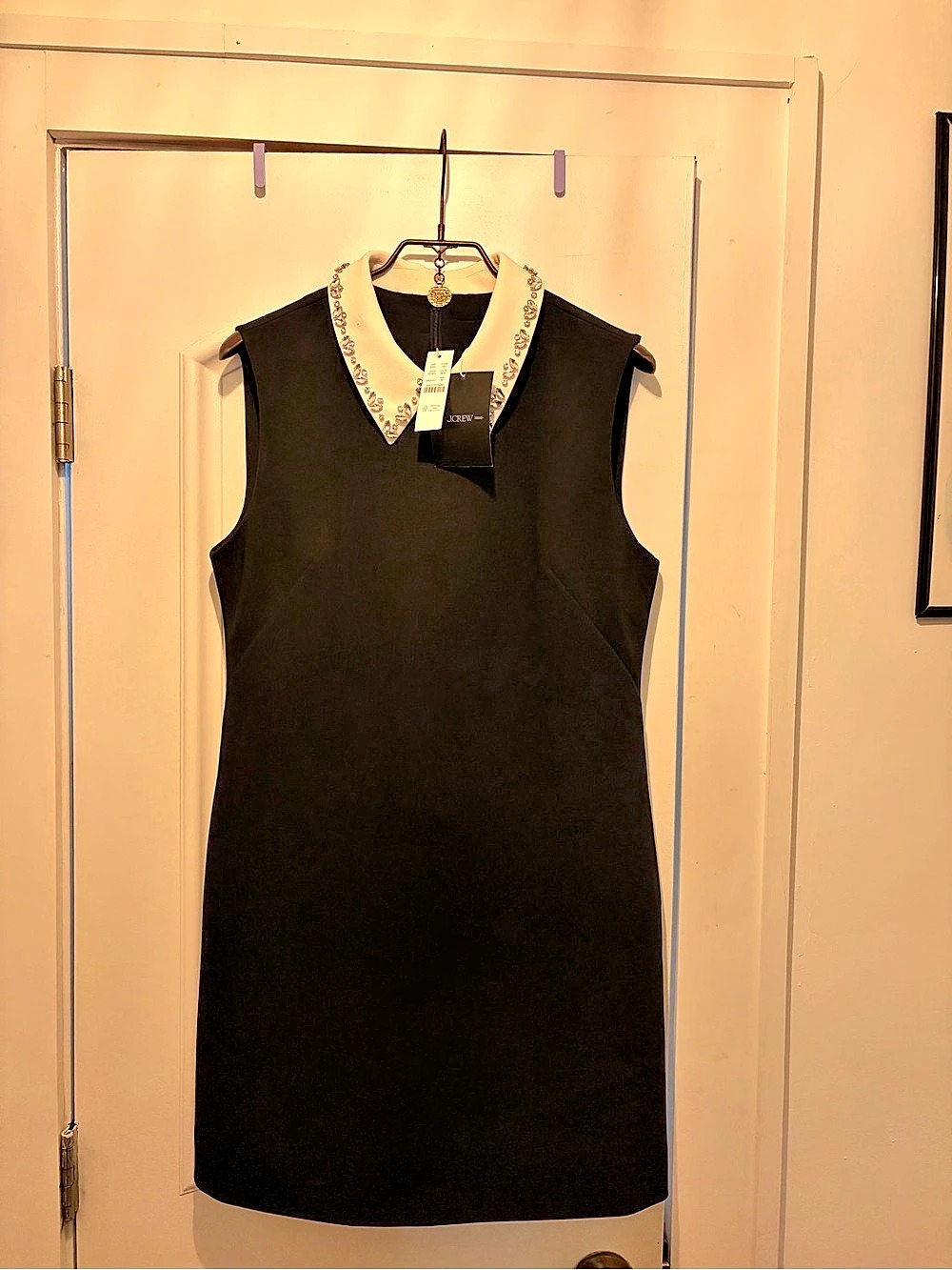 NWT J.Crew Mini Black & White Embellished collared shift dress, stretch crepe, 8